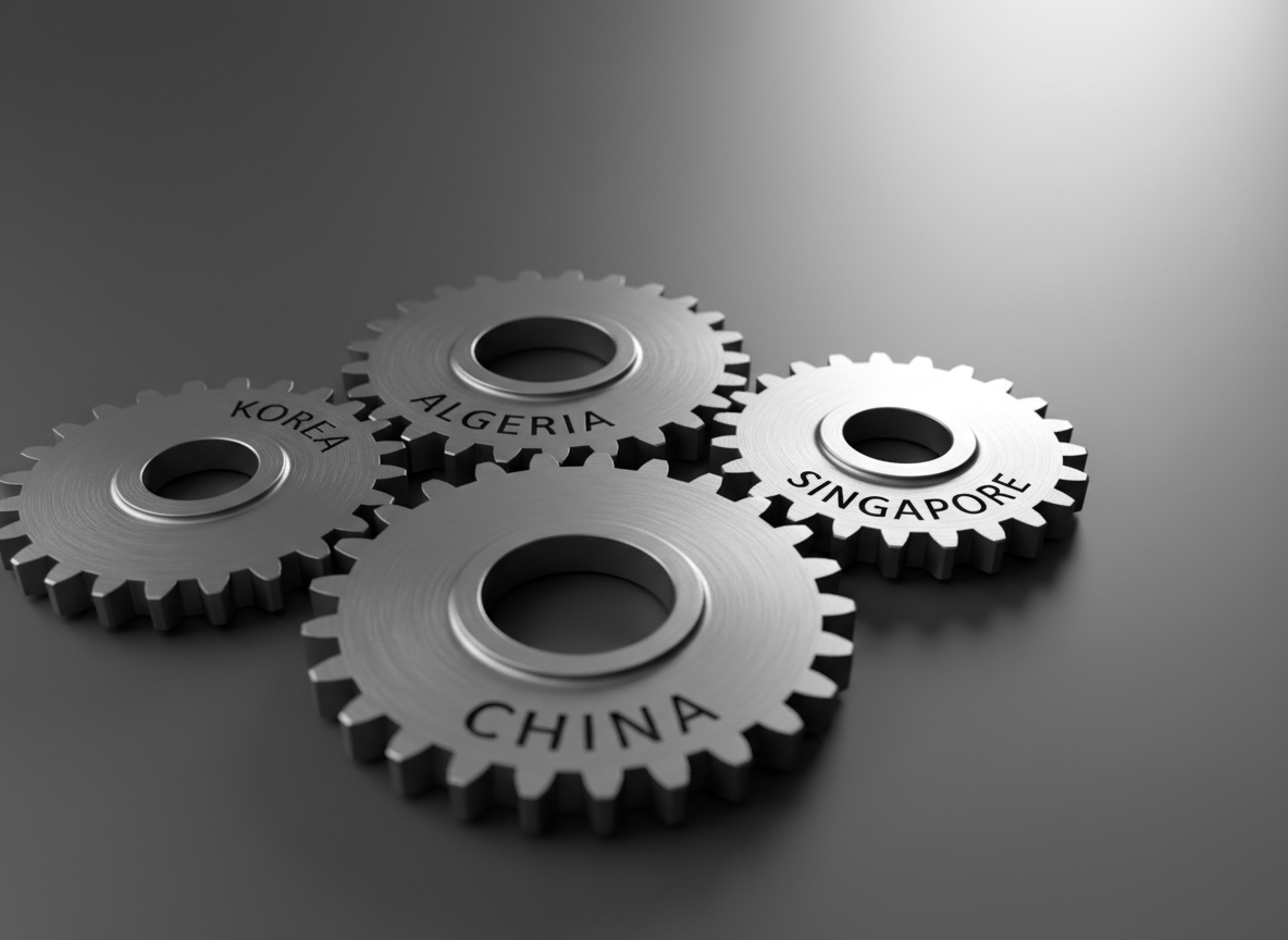 A close-up, photographic shot of four interlocking brushed-steel gears on a matte charcoal surface, each gear engraved with a finely etched label: Algeria, Singapore, China, Korea. The metal surfaces show subtle radial machining marks and soft reflections, suggesting precision engineering. A single directional studio light from the top right creates defined highlights on the gear teeth and gentle, overlapping shadows that emphasize their interconnection. Captured at a slight diagonal angle with shallow depth of field, the front gear is in sharp focus while the others gradually blur. The atmosphere is confident, stable, and professional, symbolizing tightly integrated global sourcing processes through a clean, modern, industrial aesthetic.