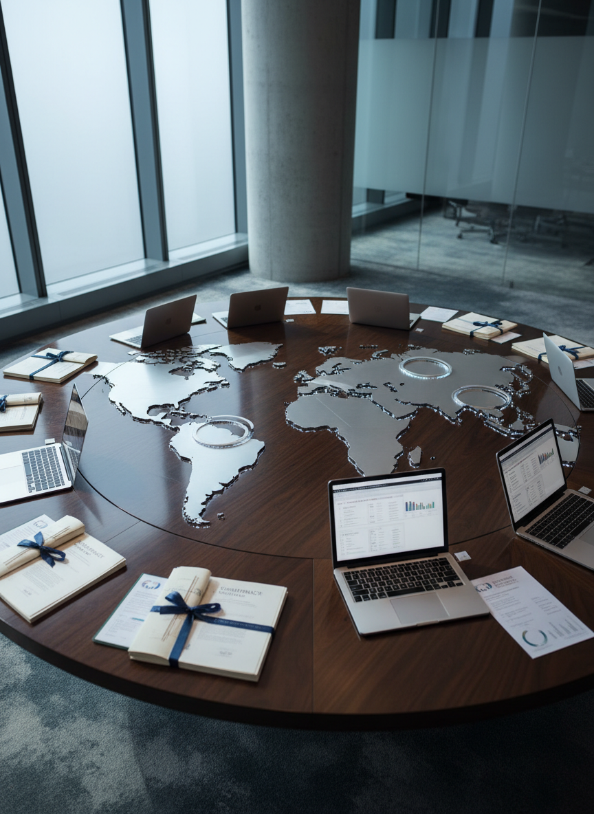 A large, polished world map table made of dark walnut wood with inlaid brushed-metal outlines of Algeria, Singapore, China, and Korea, each region subtly illuminated by small embedded LED halos. Around the table, neatly arranged stacks of shipping contracts, procurement reports, and sleek silver laptops form an orderly ring. Cool daylight from a nearby floor-to-ceiling window washes across the surface, creating crisp reflections and soft shadows. Captured from a slightly elevated, wide-angle perspective in photographic realism, the composition uses the rule of thirds to emphasize the four highlighted regions. The mood is professional, precise, and globally connected, with a clean, modern aesthetic suitable for a high-level sourcing and procurement hub.