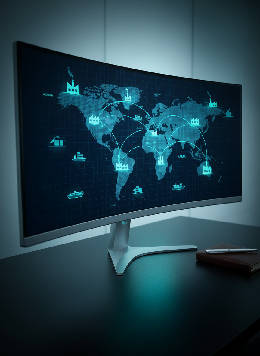 A high-resolution close-up of a sleek, dark-blue logistics control dashboard displayed on an ultra-wide curved monitor, showing interconnected routes between Algeria, Singapore, China, and Korea in glowing teal lines. Small animated icons of cargo ships, containers, and factories are arranged on a stylized dark world map grid. The monitor sits on a tidy matte-black desk with a single silver pen and a closed leather-bound notebook. Cool ambient office lighting is accented by the monitor’s subtle glow, casting faint cyan reflections on the desk’s surface. Shot from a three-quarter angle in photographic realism, with a slight vignette to focus on the routes, the mood is data-driven, efficient, and forward-looking, emphasizing high-tech global procurement coordination.