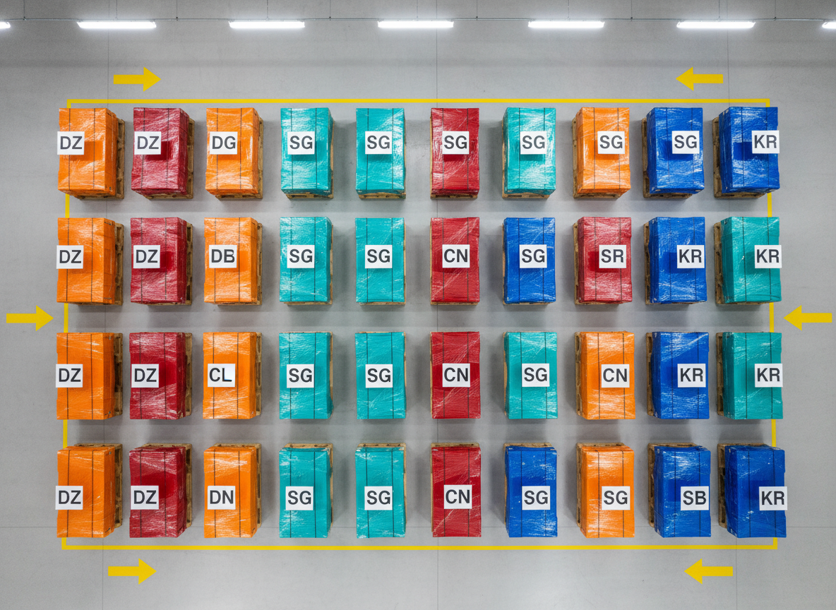 An overhead, photographic view of a perfectly organized warehouse staging area with color-coded pallets of materials, each pallet topped with a rigid, laminated label bearing bold country codes: DZ for Algeria, SG for Singapore, CN for China, KR for Korea. The pallets form a precise grid on smooth, light-gray epoxy flooring, with yellow safety lines and directional arrows painted sharply. Bright, evenly distributed industrial LED lighting floods the scene without harsh shadows, enhancing the clean, systematic layout. The composition is symmetrical and geometric, emphasizing order and reliability. The mood is highly professional and methodical, conveying disciplined global sourcing operations through a crisp, modern, realistic visual style.