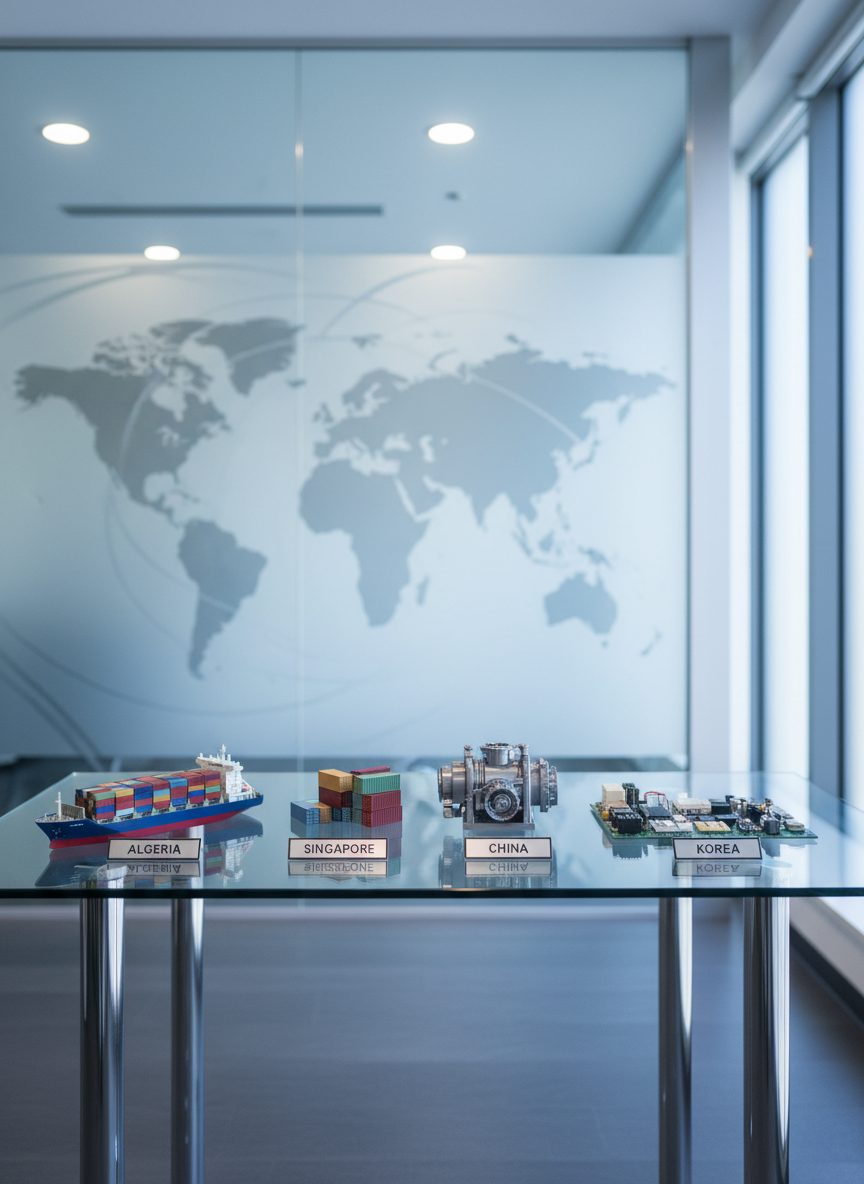 A minimalist, glass-topped executive desk displaying four small, high-detail 3D-printed models of cargo ships, shipping containers, industrial components, and electronic parts, each labeled with tiny metallic nameplates for Algeria, Singapore, China, and Korea. The desk stands in front of a frosted glass wall etched with a subtle world map. Soft, cool-white overhead office lighting combines with diffused natural light from a side window, producing gentle highlights along the glass edges and chrome accents. Photographed at eye level with shallow depth of field, the foreground objects are razor-sharp while the etched map softly blurs. The atmosphere is organized, analytical, and trustworthy, reflecting a professional global sourcing environment in a photographic, clean, and contemporary style.
