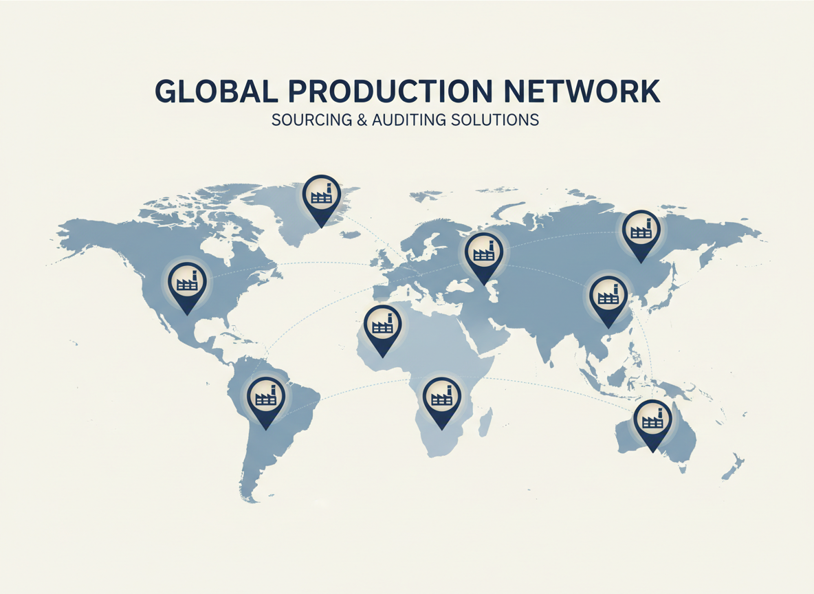 Minimal, modern illustration of a world map with several factory location pins across continents, in a professional blue and neutral color palette. Clean, flat style suitable for a B2B sourcing and auditing website.
