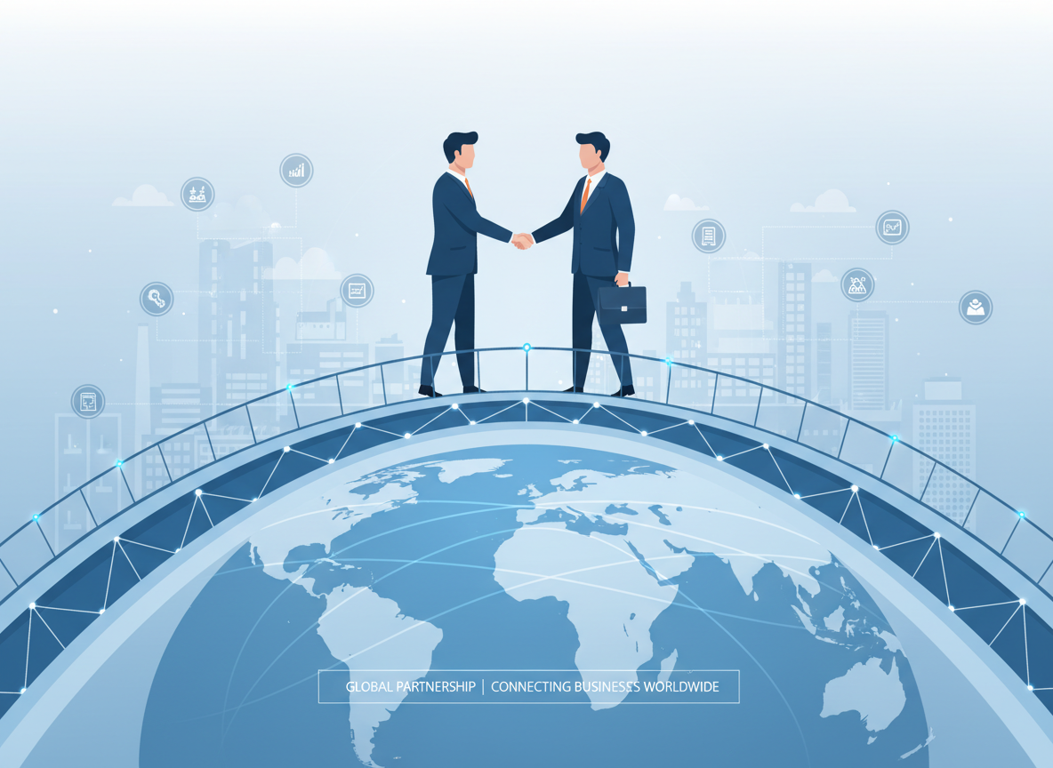 A modern, professional illustration of two business people meeting and shaking hands on a high bridge, symbolizing global partnership and connection, clean minimal style that matches a corporate B2B sourcing website.