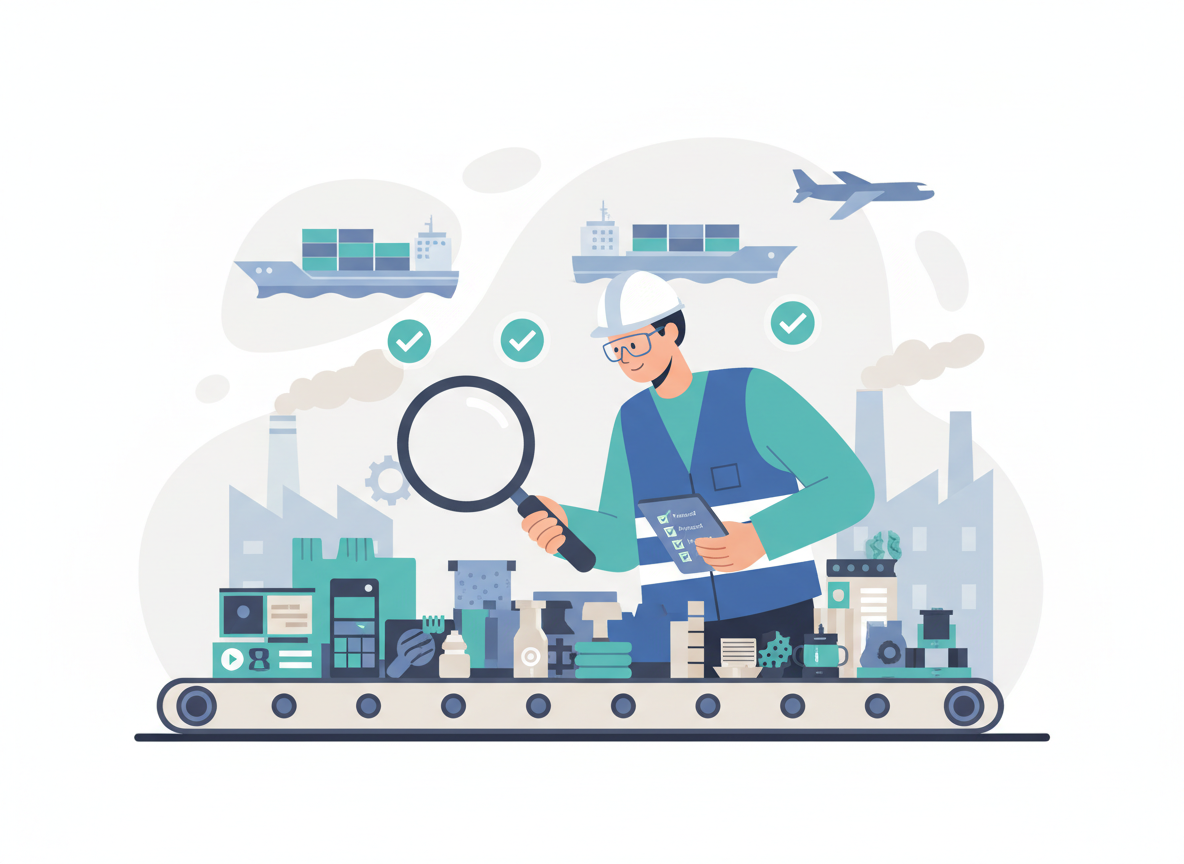 A clean, modern illustration representing quality control in global manufacturing: a quality inspector in safety vest and helmet closely examining products on a conveyor belt with a magnifying glass, checklists on a tablet, and green check marks indicating passed inspections. Subtle references to factories and shipping in the background, in a flat, minimal, corporate style that matches a B2B sourcing company website, with the same color palette as the existing NGS site (deep blues, teals, light neutrals).